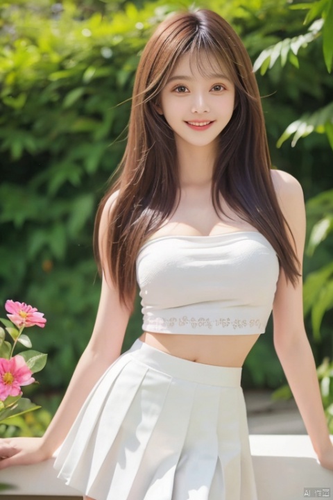  Best quality, masterpiece, lifelike, whole body, (good structure), DSLR quality, depth of field, friendly smile, viewer, dynamic posture,
1 girl, solo, long hair, looking at the audience, smiling, skirts, flowers, white skirts, plants, shirts, tube tops and cleavage.