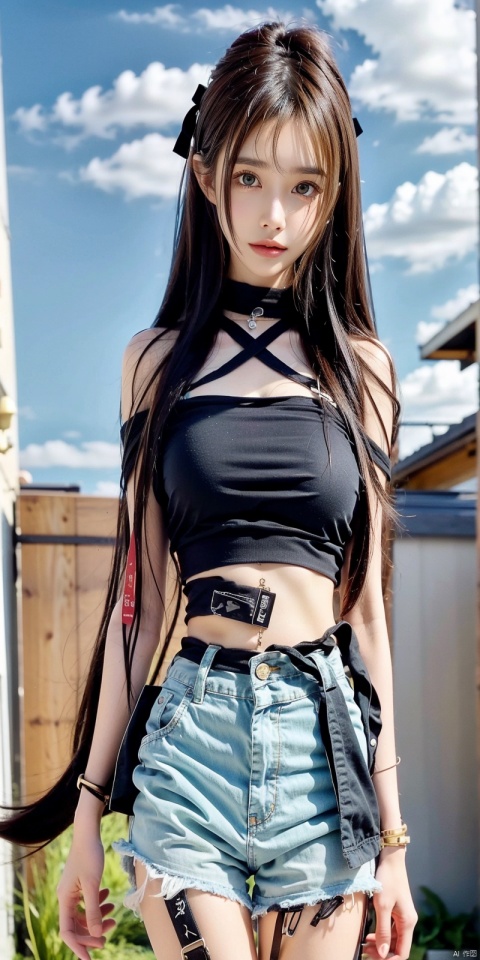  cowboy shot, Blue sky, white clouds, ocean,nai3, 1girl, shorts, solo, crop top, black shorts, choker, navel, shirt, midriff, crop top overhang, looking at viewer, white shirt, jewelry, breasts, bare shoulders, short shorts, off-shoulder shirt, off shoulder, black choker, thighs, stomach, hand on own thigh, long hair, bracelet, short sleeves, ribbon, hand up, collarbone, hair ribbon, medium breasts, standing, high-waist shorts, dolphin shorts, bra strap, , hair ornament, thigh gap, necklace, expressionless, , ,kind smile, , wangyushan