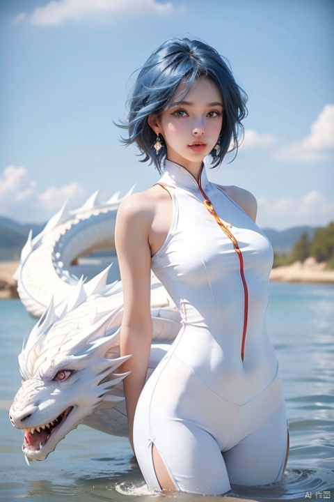  1girl,Wide angle lens,Blue tight fitting clothes,Short hair,bare shoulders, outdoor, blue hair, sky, solo, Blue eyes, earrings,wading, (white dragon),