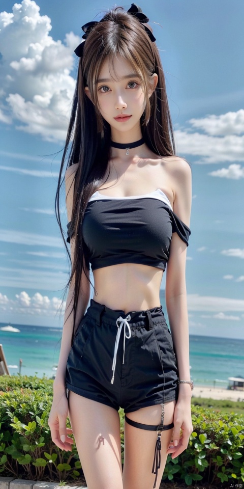  cowboy shot, Blue sky, white clouds, ocean,nai3, 1girl, shorts, solo, crop top, black shorts, choker, navel, shirt, midriff, crop top overhang, looking at viewer, white shirt, jewelry, breasts, bare shoulders, short shorts, off-shoulder shirt, off shoulder, black choker, thighs, stomach, hand on own thigh, long hair, bracelet, short sleeves, ribbon, hand up, collarbone, hair ribbon, medium breasts, standing, high-waist shorts, dolphin shorts, bra strap, , hair ornament, thigh gap, necklace, expressionless, , ,kind smile, , wangyushan