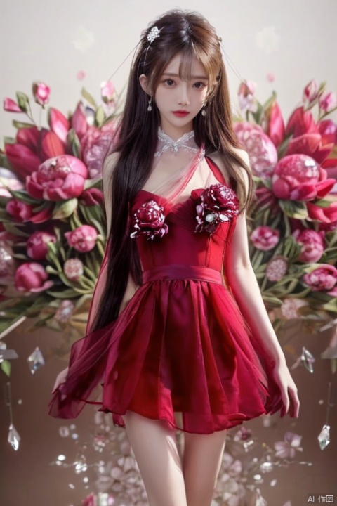  Masterpiece, top quality, 1 girl, hanfu, Summer clothes, exquisite details, sheer dress, Sexy, high quality, 8k,(Red) Dress,red dress, Long Black Hair, Beautiful Custom Figure,(1 Girl), (Delicate and Gorgeous Crystal:1.4) , 
(Peonies blossom background:1.4),houtufeng,yuyao,tifa,qingsha