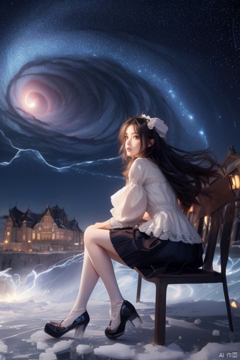  1girl,lolita,full body,dress,beret,beautiful detailed glow,sit_on_bench,(mary_janes),from_side,looking_away,white_pantyhose,detailed ice,beautiful detailed water,(floating palaces:1.2),(starry tornado:1.4),starry Nebula,beautiful detailed sky,lace,fine_fabric_emphasis,shiny long hair,blue white skirt,(short skirt),black Headdress,bowknot,(hair ornament),(hair flower),Lace,cross-laced footwear,ribbon-trimmed sleeves,building architecture,(gothic architecture),starry sky,outdoors,(castle),
