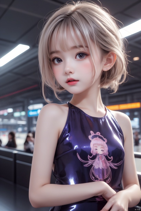  rich colors,(upper body:1.2),high gloss,extremely beautiful skin,natural skin texture,(pale skin, real_skin),(Milky skin:1.2),(shiny skin:1.4),cinematic light,fantasy,highres,highest quallity,Short pink and white hair held,eyes with light,model pose,Stiletto Boots,professional lighting,large aperturing,atmosphere,candid shots,neon lighting,hologram dress with blue and purple fabric,transparent/translucent medium,photorealistic,(airport:1.2),(child:1.6),(little girl:1.7),(cute kid:1.5),(8yo:1.5),