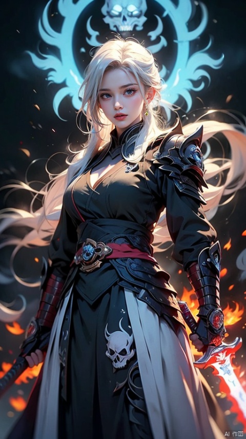  1 girl, white hair,Red lips,blue eyes,(Beautiful face), Lich King, undead swordsman, wearing armor decorated with skulls, burning blue flames all over her body, golden glowing eyes, slashing the sword in her hand, violent, angry and fierce, standing behind A broken skeleton dragon,guijian,armor,Xguang, headless,tifa,edgdeathknight
