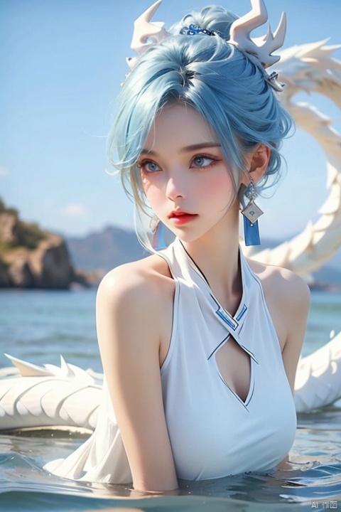  1girl,Wide angle lens,Blue tight fitting clothes,Short hair,bare shoulders, outdoor, blue hair, sky, solo, Blue eyes, earrings,wading, (white dragon),