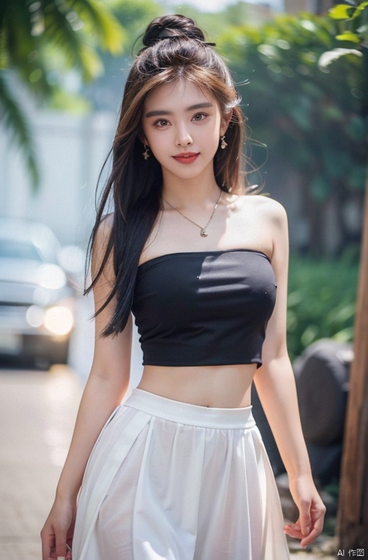  (Good structure),cowboy_shot, DSLR Quality,Depth of field ,looking_at_viewer,Dynamic pose, , kind smile,,
1girl, solo, long hair, , looking at viewer, skirt, hair ornament, bare shoulders, jewelry, , black hair, earrings, outdoors, midriff, water, necklace, lips, crop top, grey eyes, leaning forward, ocean, white skirt, strapless vest, sunset, sun, wangzuxian, molika