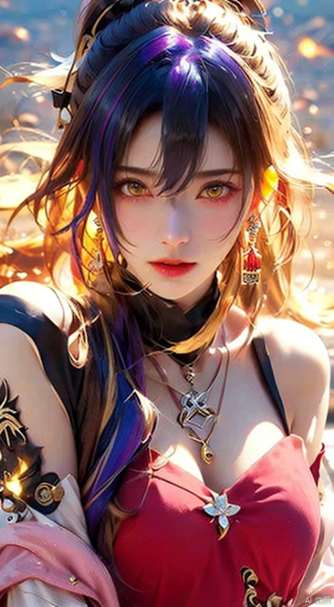  1girl,Bangs, off shoulder, colorful_hair, ((colorful hair)),golden dress, yellow eyes, chest, necklace, pink dress, earrings, floating hair, jewelry, sleeveless, very long hair,Looking at the observer, parted lips, pierced,energy,electricity,magic,tifa,sssr,blonde hair,jujingyi