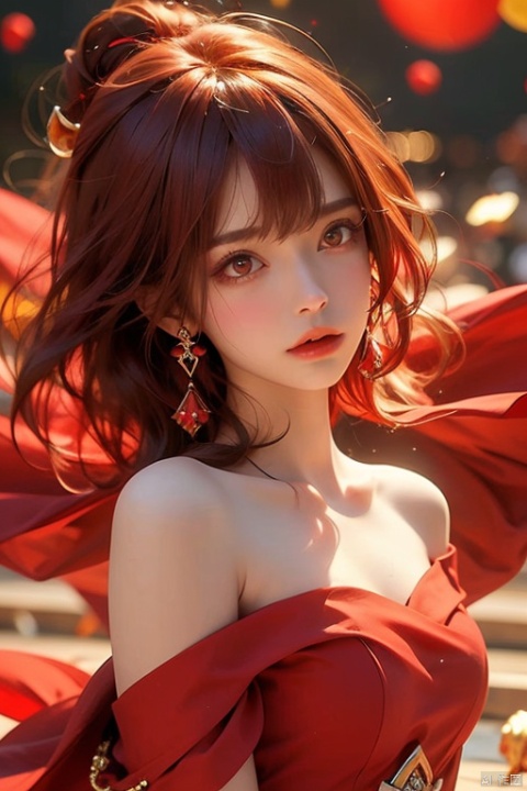  1girl,Bangs, off shoulder, (red hair), red dress, red eyes, chest, earrings, dress, earrings, floating hair, jewelry, sleeveless, short hair,Looking at the observer, parted lips, pierced,energy,magic,energy,red magic,Burning air,light particles1girl