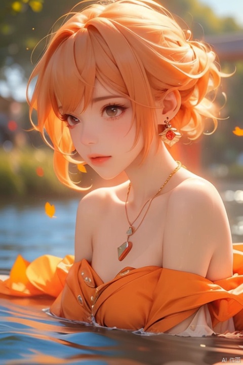  1girl,Short hair, earrings, necklaces, orange hair, off shoulder, chest, water, looking at the audience, the fallen leaves on the water,partially submerged, sunset, afterglow, evening,yoimiya (genshin impact)