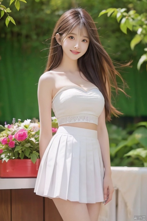  Best quality, masterpiece, lifelike, whole body, (good structure), DSLR quality, depth of field, friendly smile, viewer, dynamic posture,
1 girl, solo, long hair, looking at the audience, smiling, skirts, flowers, white skirts, plants, shirts, tube tops and cleavage.