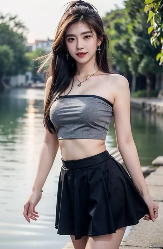  (Good structure),cowboy_shot, DSLR Quality,Depth of field ,looking_at_viewer,Dynamic pose, , kind smile,,
1girl, solo, long hair, , looking at viewer, skirt, hair ornament, bare shoulders, jewelry, , black hair, earrings, outdoors, midriff, water, necklace, lips, crop top, grey eyes, leaning forward, ocean, white skirt, strapless vest, sunset, sun, wangzuxian, molika