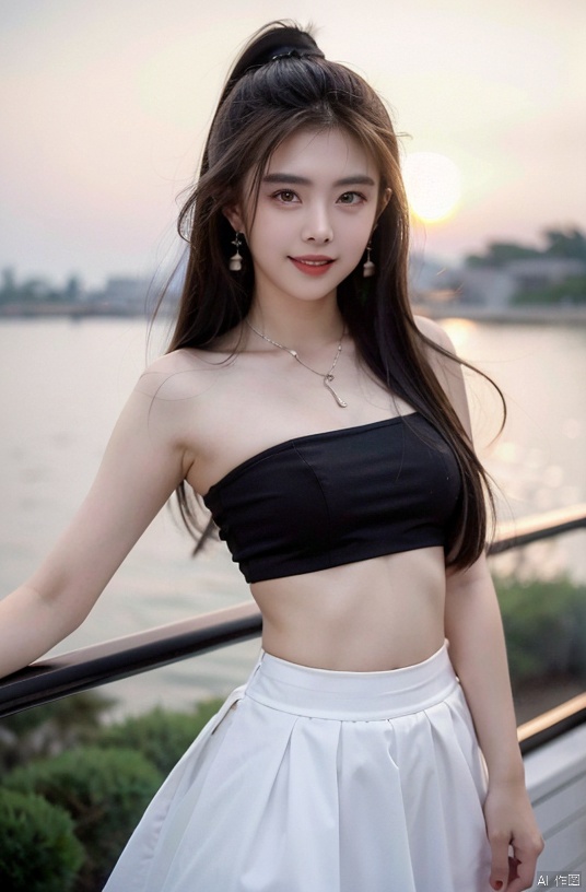  (Good structure),cowboy_shot, DSLR Quality,Depth of field ,looking_at_viewer,Dynamic pose, , kind smile,,
1girl, solo, long hair, , looking at viewer, skirt, hair ornament, bare shoulders, jewelry, , black hair, earrings, outdoors, midriff, water, necklace, lips, crop top, grey eyes, leaning forward, ocean, white skirt, strapless vest, sunset, sun, wangzuxian, molika