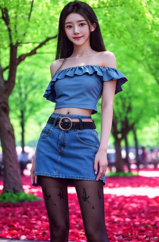 best quality, masterpiece, cowboy_shot,(Good structure), DSLR Quality,Depth of field,kind smile,looking_at_viewer,Dynamic pose,
 1girl, 3d, bare_shoulders, belt, blurry, blurry_background, blurry_foreground, branch, , , , collarbone, *******_photo, denim, denim_skirt, depth_of_field, , lips, long_hair, looking_at_viewer, midriff, miniskirt, motion_blur, navel, outdoors, photo_\(medium\), realistic, skirt, solo, standing, tree, , , , blackpantyhose, , , , , , , , , xuner