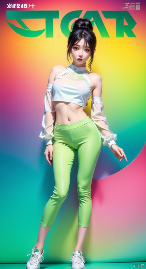  offcial art,colorful,Colorful background,splash of color,movie perspective,(advertising style, magazine cover:1.3),Best quality,masterpiece,ultra high res,Modern,Chinese,Song rhyme,Oriental,pretty,cowboy shot,1girl,black hair,bangs,bare shoulders,(White and green background:1.3),green eyes,simple background,sneakers,socks,White and green dress,open jacket,hair bun,puffy long sleeves,(crop top:1.3),pants,(full body:1.1),(Snake:1.2), gradient