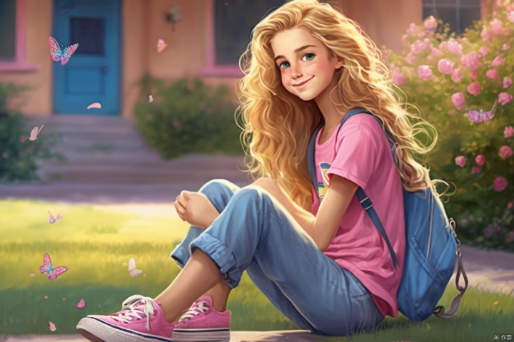 The middle school girl in the story is a typical American teenager, with long golden hair that shines in the sunlight. Her slightly curly hair cascades down her shoulders. She has clear, bright blue eyes that radiate curiosity and vitality. Her smile is radiant and lovely, brimming with youthful energy. She wears a pink T-shirt with a cute cat pattern, paired with denim shorts and colorful sneakers, showcasing her lively and adorable image. Her distinctive appearance is sure to capture hearts at first sight.