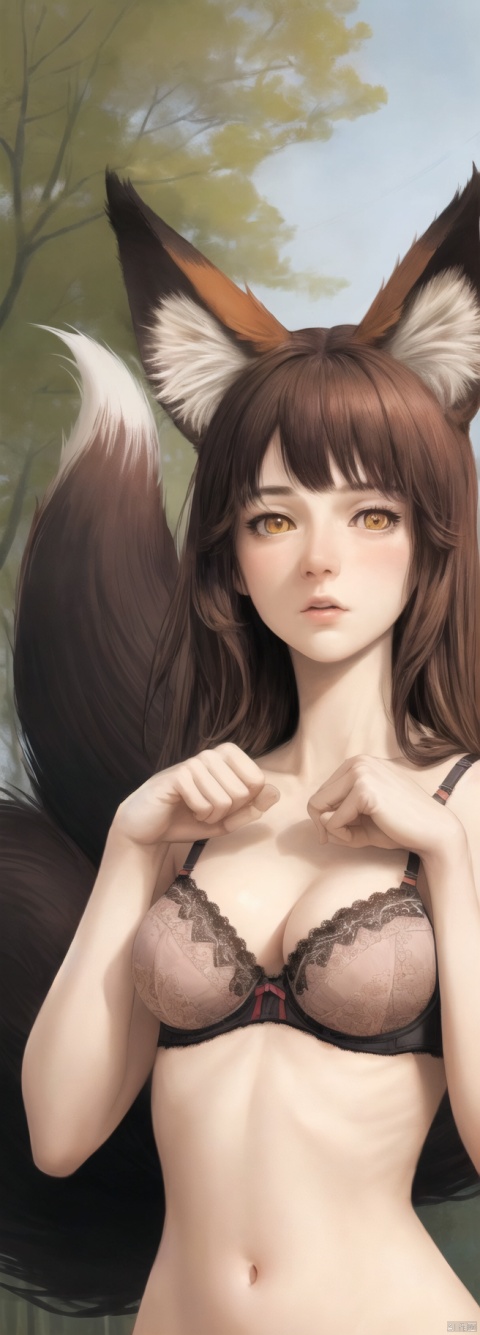 female ,( fox girl ) ,( lace-trimmed bra ) , cat pose , grove , look up , best quality , extremely detailed , high resolution , disgusted