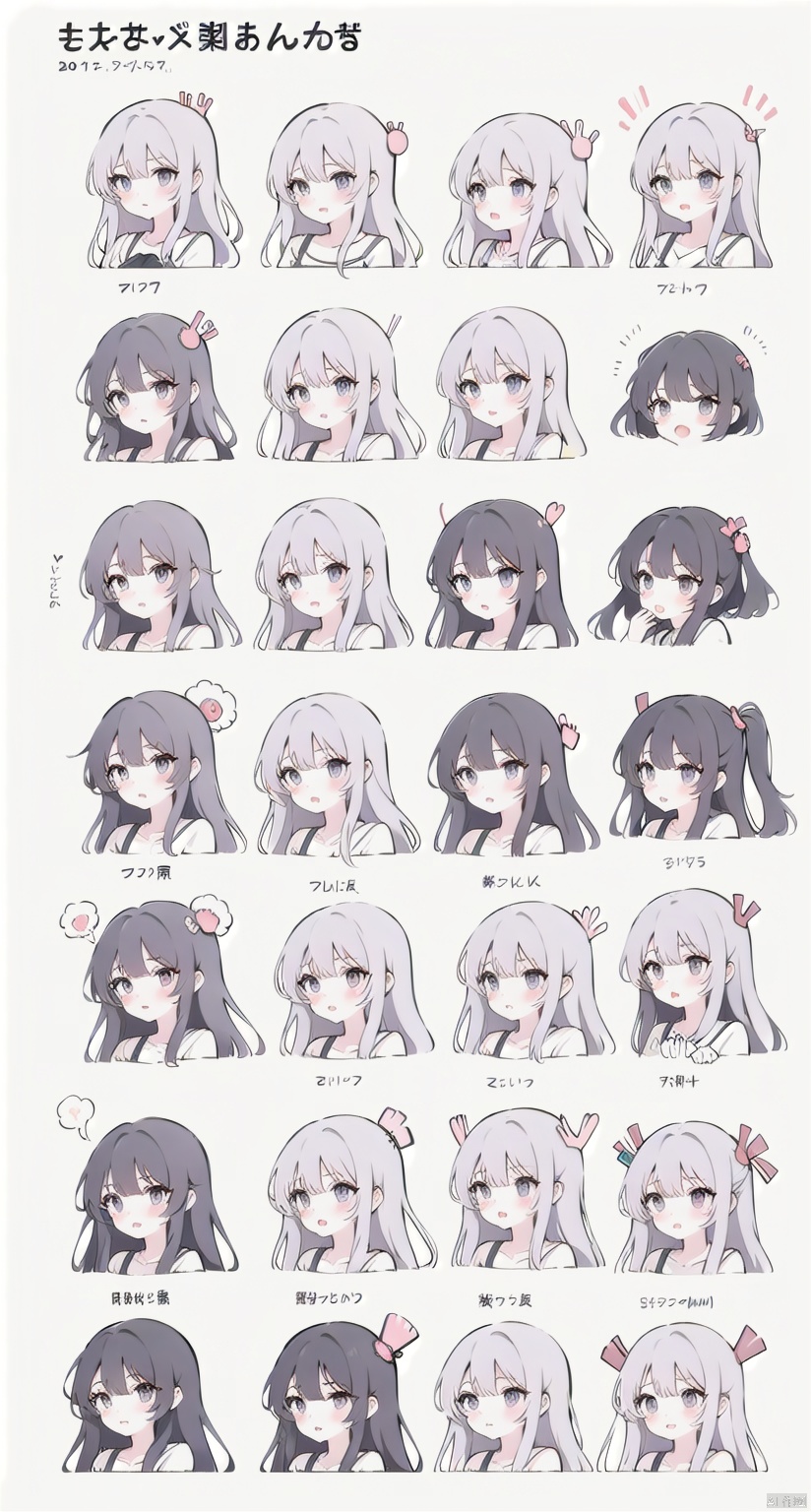 more girl,sakurajima mail,Emoji packs, various actions and expressions, stickers,(blush:1.4),sitting,panorama,column lineup,expressions,three views from front, back and side, costume setup materials,reference sheet