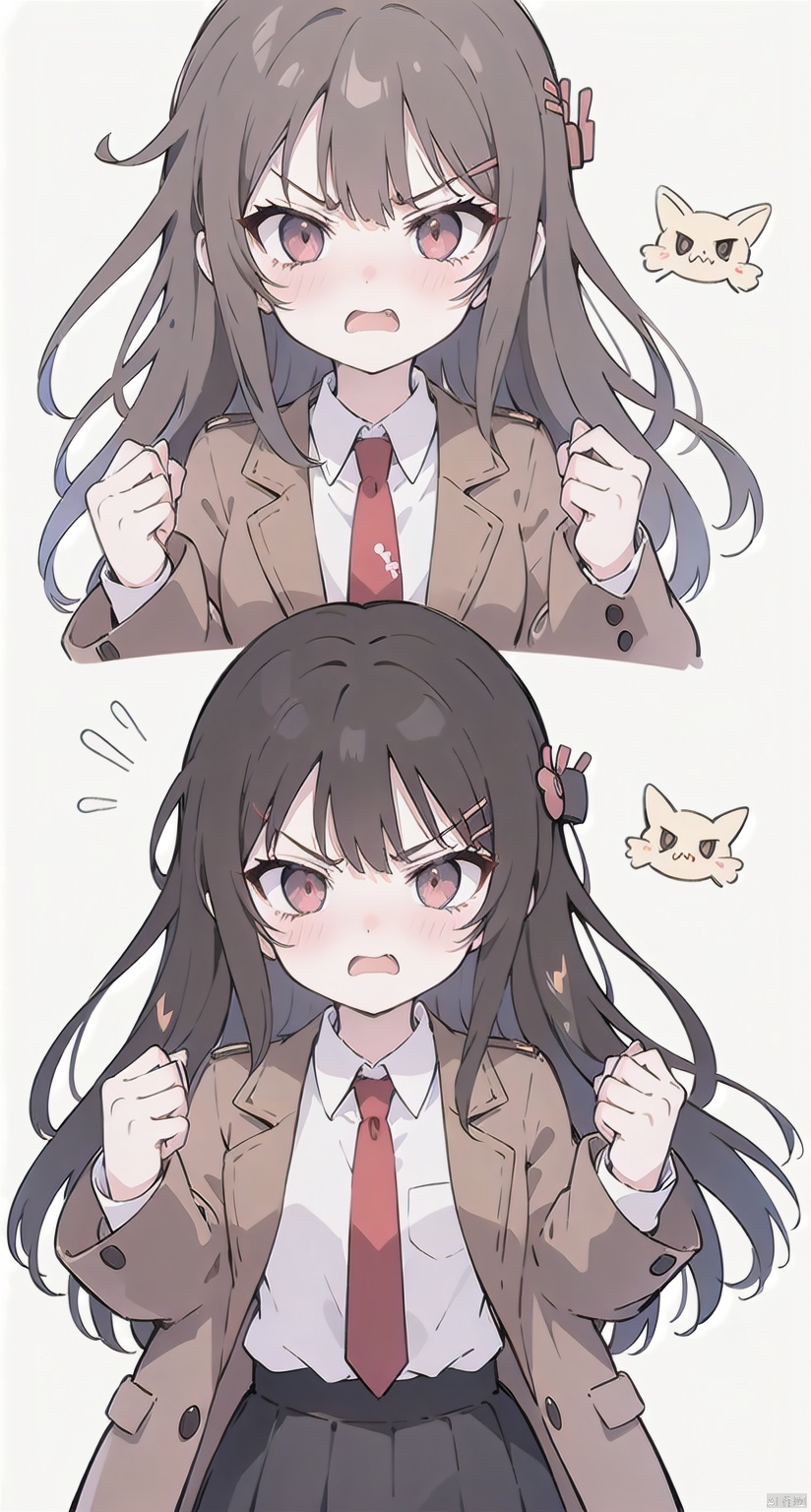  more girl, solo, sakurajima mail,Emoji packs, various actions and expressions, stickers,more (angry:1.5),(blush:1.4),Brown coat, white shirt, red tie,skirt