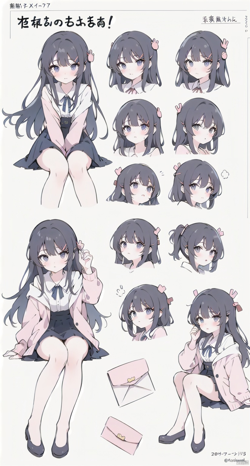 more girl,sakurajima mail,Emoji packs, various actions and expressions, stickers,(blush:1.4),sitting,panorama,column lineup,expressions,three views from front, back and side, costume setup materials,reference sheet