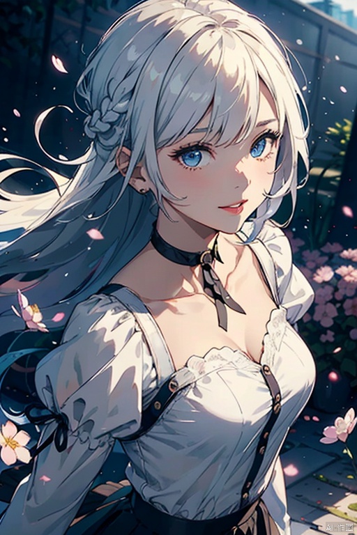 1girl, solo, long hair, breasts, looking at viewer, smile, bangs, blue eyes, skirt, shirt, long sleeves, ribbon, cleavage, medium breasts, closed mouth, collarbone, white shirt, upper body, braid, flower, white hair, outdoors, sky, choker, puffy sleeves, cloud, black skirt, blurry, lips, petals, night, floating hair, moon, juliet sleeves, cherry blossoms