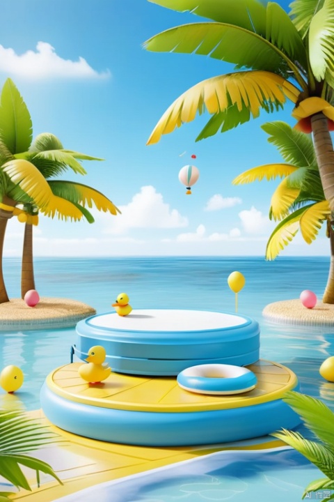 A summer beach with sea water in the distance, a 3D floating platform in the middle, a swimming circle next to it, 2 balloons, 2 small yellow ducks, and coconut trees on both sides, the overall style is 3D.