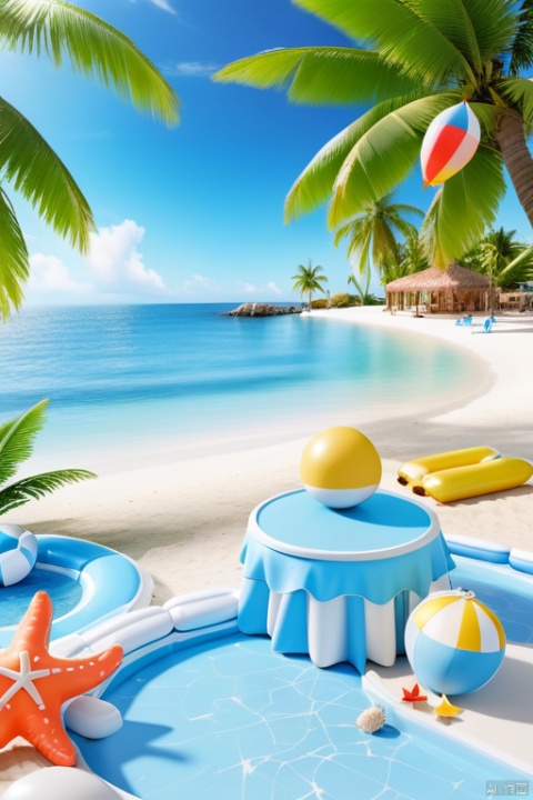 In the distance is a summer beach, near is the beach, on the beach there is a 3D table, next to a swimming circle, two balloons, two starfish, on both sides are coconut trees, the overall style is 3D,3D_style