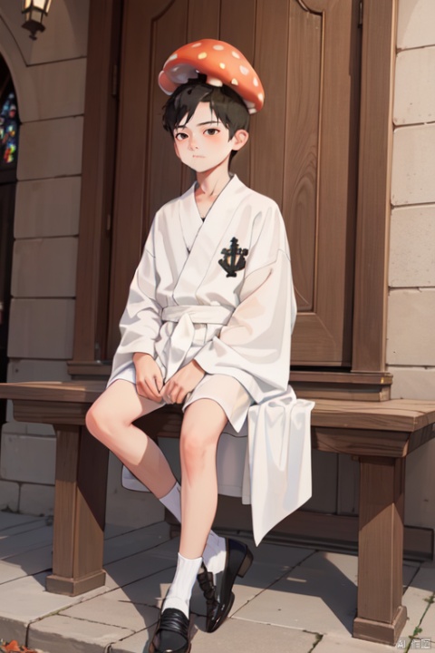  An 11-year-old boy, with a small mushroom on his head, wooden expression and slight stature, sat by the church fountain, wearing a white robe and black cloth shoes, sboe