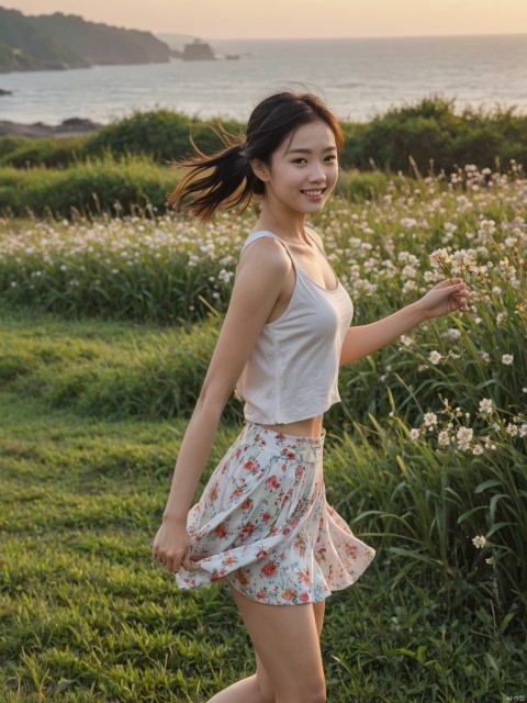 Score_9, score_8_up, score_7_up, score_6_up, score_5_up, score_4_up, ocean, a Chinese girl, side face, wearing a top, wearing a skirt, running, holding flowers, grass, with a smile on her face, dusk.