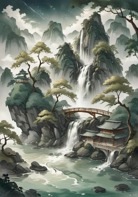 
The spectacular sight of a waterfall cascading down from a height of three thousand feet, like the Milky Way falling from nine days away,outdoors, Green mountains and clear waters,day, cloud, water, tree, no humans, nature, scenery, mountain, architecture, bridge, river, waterfall, landscape, cliff,National style, ancient style, ink painting, weidiao_house, diorama