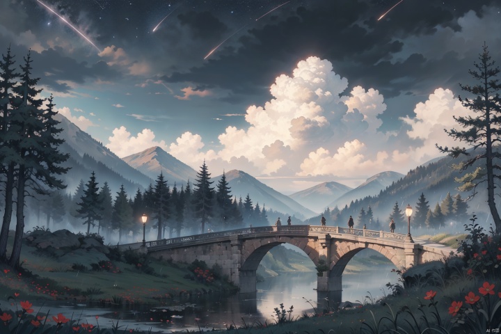 In an ancient style scene, dark clouds,  It's raining now,outdoors, sky, cloud, tree, no humans, nature, scenery, mountain, bridge,On the scene, stars