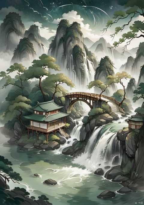 
The spectacular sight of a waterfall cascading down from a height of three thousand feet, like the Milky Way falling from nine days away,outdoors, green mountains and clear waters,day, cloud, water, tree, no humans, nature, scenery, mountain, architecture, bridge, river, waterfall, landscape, cliff,National style, ancient style, ink painting, weidiao_house, diorama