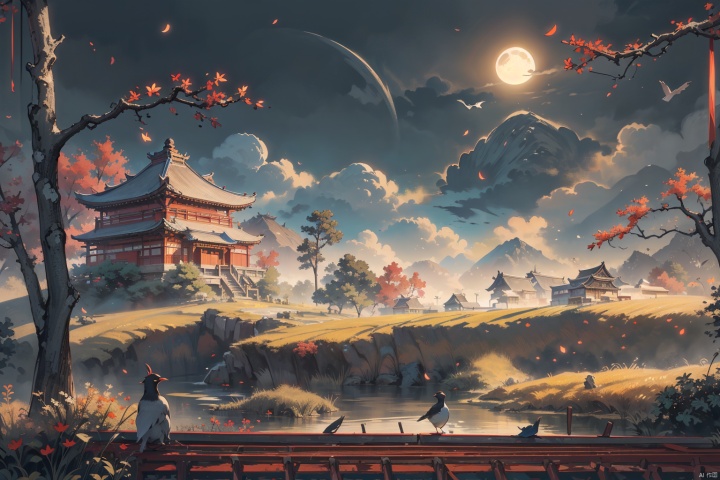  In the ancient scene,The gloomy sky at night, The bright 1moon in the sky,the fragrance of rice interweaves with the joy of a bountiful harvest, creating a harmonious and warm picture of rural life.
outdoors, sky, day, Red maple trees, blue sky, no humans, bird, leaf, scenery,mountain, architecture, east asian architecture