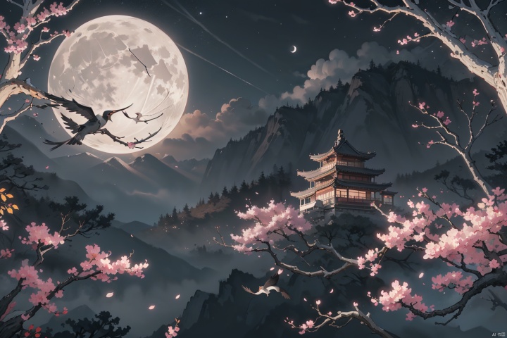 The bright 1moon in the sky rose above the treetops, frightening away the magpies perched on the branches. The cool evening breeze seemed to carry the distant chirping of cicadas.
outdoors, sky, tree, no humans, night, moon, cherry blossoms, night sky, scenery, full moon, mountain, architecture, east asian architecture, vector illustration, Ink and wash style_WDW_SMF, guofeng,Landscape, xianjing hanfu crane, Ancient costume