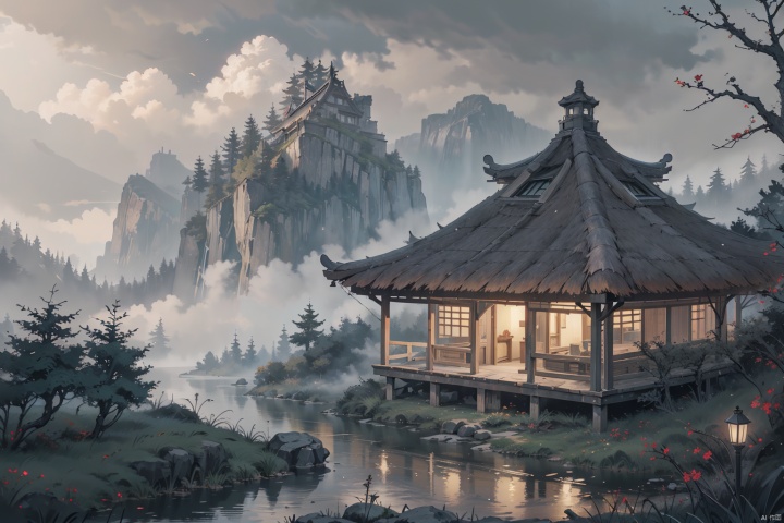 The gloomy sky at night, in a quiet and dense forest, a bridge,there is an ancient thatched cottage, a stream,  and a distant view
outdoors, sky, tree, no humans, window, building, scenery, lantern, rock, mountain, architecture, house, east asian architecture, fog