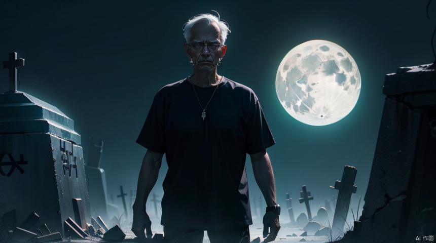  In the mass grave, dark night, bright moonlight, everywhere are tombs, my grandpa, wearing a white short-sleeved shirt, wearing glasses, looking at me sharply. Desolate and scary wasteland, eerie atmosphere, detailed texture, realistic, depth of field, best quality, masterpiece.