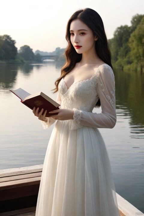 A Mona Lisa in Han attire arrives gracefully, holding a book in her hands and reading, working hard and having no other purpose. She is the only one in the world who is focused, with a beam of light and shadow beside her. Her elegant dress is in sharp contrast with the pontoon and the tranquil river. .Captured by surreal photography, the scene exudes an ethereal charm, blending reality and dream.While history whispers the secrets of bygone eras, the beauty of the present is timeless in a captivating blend of tradition and modernity.