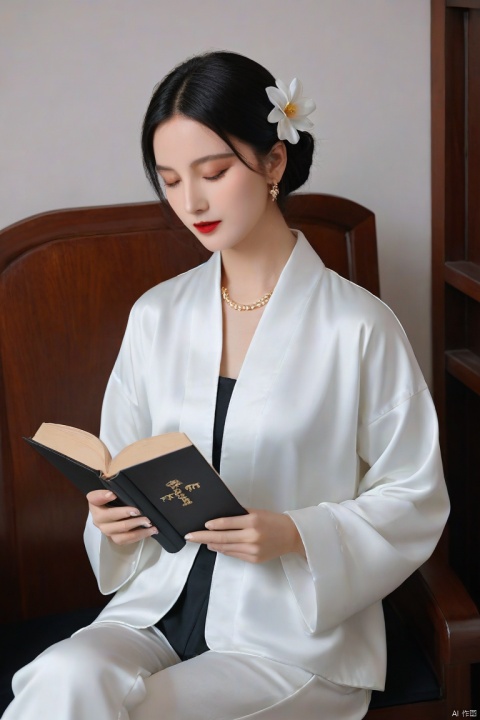 A Mona Lisa in hanfu dress arrives gracefully, holding a book in her hands and reading, working hard and having no other purpose. She is the only one in the world who is focused, , solo, short hair, shirt, black hair, long sleeves, jewelry, sitting, jacket, closed eyes, white shirt, flower, earrings, pants, lips, black pants, white flower, red jacket, knee up, red lips