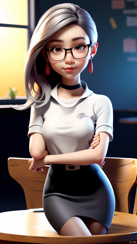  absurdres, 1girls, blush, (realistic:1.5), (masterpiece, Extremely detailed CG unity 8k wallpaper, best quality, highres:1.2), (ultra_detailed, UHD:1.2), perfect illumination, distinct, (1girl:1.4), looking at viewer, unreal engine, sidelighting, perfect face, detailed face, perfect body, beautiful eyes, pretty face, (bright skin:1.4), idol, (abs), ulzzang-6500-v1.1,,((narrow waist)),(blonde hair),MAHALAIUNIFORM,(((WHITE SHIRT SHORT SLEEVES))),((BLACK polished PENCIL SKIRT)),((BLACK PLEATED SKIRT)),((in the classroom)),(choker),((white shirt short sleeves )),((black pencil skirt)),(belt),((sitting on the table)),(Full body:1.4),bangs,((glasses)),sharp eyes,peck the corners of the mouth,silver earrings,hands in hair,silver watch,((medium breast)), outdoor, naturalistic rendering