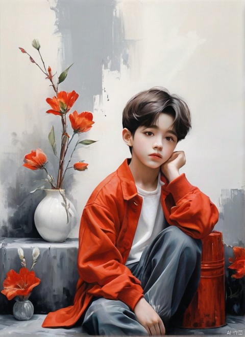 Create a realistic portrait of a painter, capturing their artistic style and personality,a boy, in_profile,Thick oil painting style, strong three-dimensional effect, white glaze porcelain