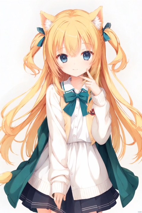 heterochromia,beautiful detailed eyes,blue eyes,yellow eyes, 1girl, solo,cat ears, long hair, looking at viewer, smile, bangs, skirt, simple background, shirt,school cloths, long sleeves, white background, bow, ribbon, very long hair, closed mouth, school uniform, jacket,white shirt,pleated skirt,smile,animal ear fluff,gold hair,yellow hair, two side up, plaid, sparkle, short skirt, Proud and delicate,white stocking,cat tail,：）