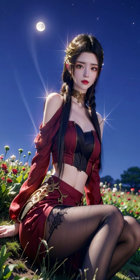  (Good structure),cowboy_shot,Girl in the Flower Field of Lycoris. Sitting in a clearing. 
Long elaborate hairstyle with loose hair and braids, Beautiful hair clips. Burgundy lipstick.Knee high boots,
Long fluffy black and burgundy luxury dress,crop top , Elegant clothes. 
 Lycoris petals fly in the wind. 
Esthetics. Good Quality. 
Night., more_details, , starrystarscloudcolorful, moon, night, moonlight, beautiful starry sky,blackpantyhose,looking_at_viewer,kind smile,Dynamic pose, meidusha