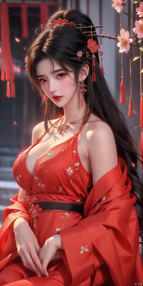  ((1girl)),(large breasts:1.5),jewelry,solo,hair ornament,necklace,chinese clothes,flower,black hair,hanfu,long hair,breasts,blurry,blurry background,upper body,cleavage,red lips,looking at viewer,realistic,dress,hair stick,hair flower,branch,