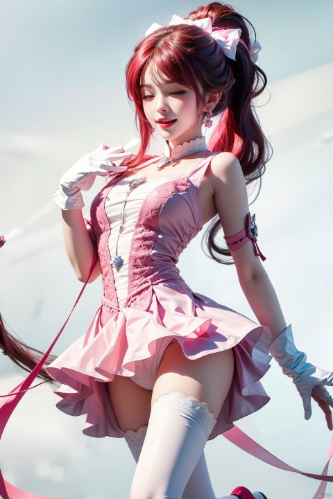  1girl, solo, long hair, looking at viewer, smile, open mouth, simple background, hair ornament, gloves, white background, dress, bow, holding, jewelry, very long hair, standing, ponytail, pink hair, hair bow, heart, earrings, frills, one eye closed, sleeveless, white gloves, pink eyes, star \(symbol\), 
Knee high boots, magical girl, leg up, standing on one leg, pink dress, wand, maolilan, jiqing, 1 girl