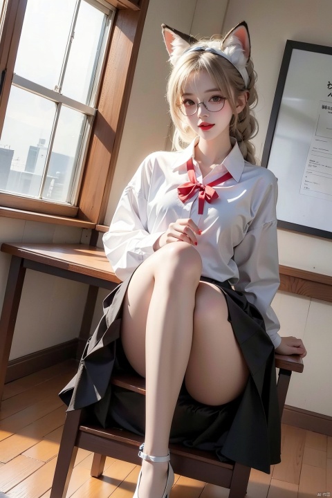  1girl, solo, looking at viewer, smile, open mouth, bangs, skirt, blonde hair, shirt, long sleeves, ribbon, Knee high boots,animal ears, sitting, school uniform, green eyes, tail, white shirt, braid, white hair, :d, pantyhose, multicolored hair, hairband, shoes, glasses, alternate costume, collared shirt, indoors, black skirt, nail polish, black footwear, high heels, feet, red ribbon, animal ear fluff, black pantyhose, fox ears, window, neck ribbon, toes, fox tail, no shoes, soles, crossed legs, fox girl, multiple tails, red nails, pink nails, desk, hair rings, black-framed eyewear, bespectacled, adjusting eyewear, classroom, foot focus, school desk, shoes removed, chalkboard, single shoe, kitsune, on desk, shoe dangle, sitting on desk, suzuran \(arknights\), 1 girl,moyou