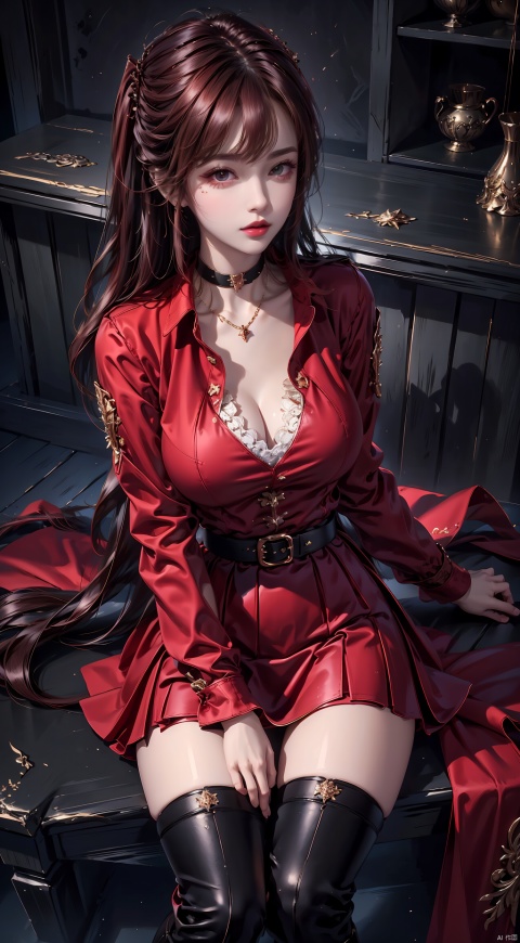  1girl,solo,perfect face,look at viewer,sitting,Knee high boots,
choker,collarbone,large breasts,red shirt,collared shirt,long sleeves,black skirt,miniskirt,black pantyhose,high heels,
masterpiece,best quality,highly detailed,