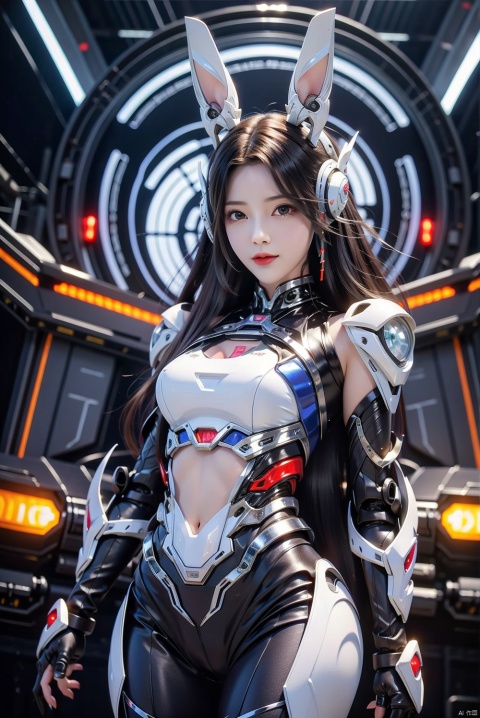  (Masterpiece, best picture quality), Cyberpunk, girl, rabbit ears,((metal and transparent shell | splicing robot)), transparent belly:1.1, metal spine:1.2, ircraft background, dynamic,perspective, xiaowu, 1 girl, asuo, Mech Combat Vehicle, WLJZ, robot, Super perspective, mecha, huolinger,kind smile