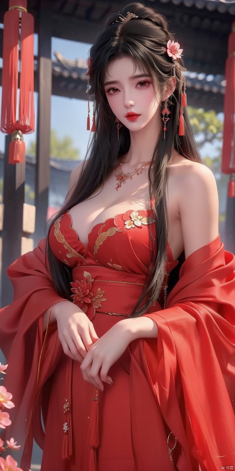  ((1girl)),(large breasts:1.5),jewelry,solo,hair ornament,necklace,chinese clothes,flower,black hair,hanfu,long hair,breasts,blurry,blurry background,upper body,cleavage,red lips,looking at viewer,realistic,dress,hair stick,hair flower,branch,