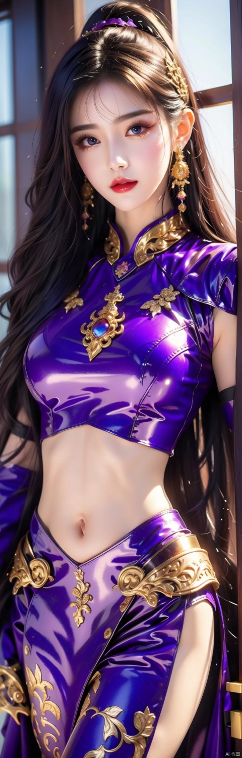  4k, office art, 1girl with purple armor, decorated with complex patterns and exquisite lines, k-pop, purple eyes, dark red lips,Half-body