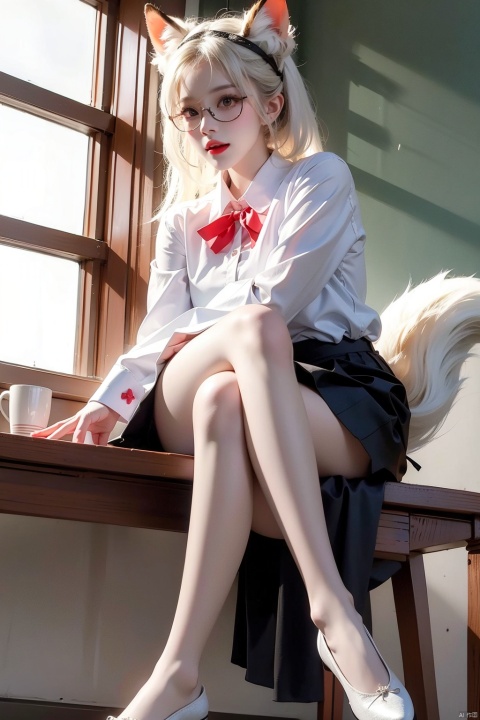  1girl, solo, looking at viewer, smile, open mouth, bangs, skirt, blonde hair, shirt, long sleeves, ribbon, Knee high boots,animal ears, sitting, school uniform, green eyes, tail, white shirt, braid, white hair, :d, pantyhose, multicolored hair, hairband, shoes, glasses, alternate costume, collared shirt, indoors, black skirt, nail polish, black footwear, high heels, feet, red ribbon, animal ear fluff, black pantyhose, fox ears, window, neck ribbon, toes, fox tail, no shoes, soles, crossed legs, fox girl, multiple tails, red nails, pink nails, desk, hair rings, black-framed eyewear, bespectacled, adjusting eyewear, classroom, foot focus, school desk, shoes removed, chalkboard, single shoe, kitsune, on desk, shoe dangle, sitting on desk, suzuran \(arknights\), 1 girl,moyou