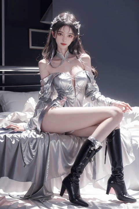  (Fractal art:1.2),Silver female, silver body, silver long hair, silver face, perfect body, silver miniskirt,princess,Knee high boots,,smile,sitting_down pink bed,spread legs,off shoulder,bare legs,sexy